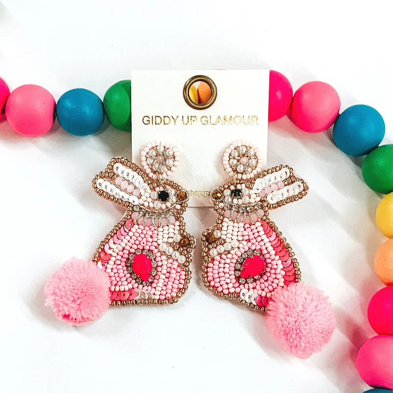 Hoop earrings with hammered textures for a boho-chic and rustic vibe-Beaded Bunny Rabbit Earrings in Pink