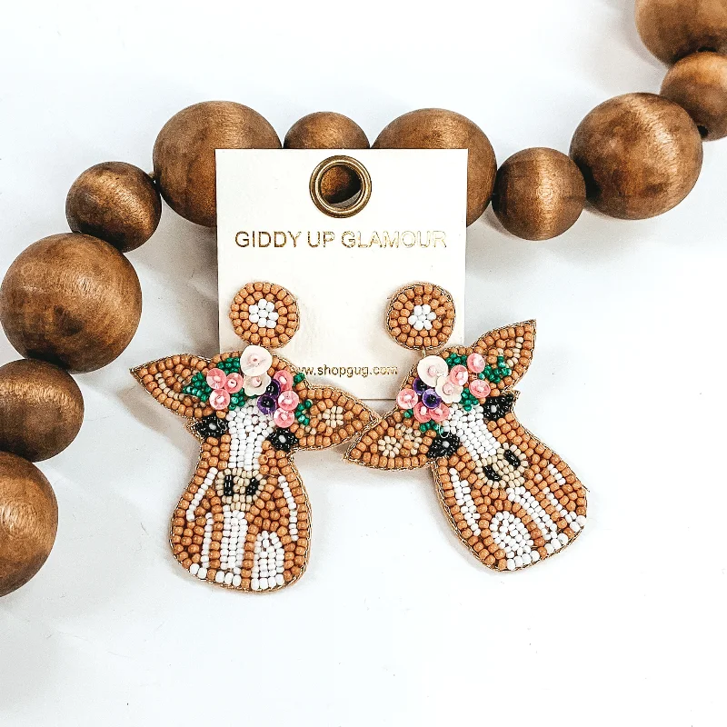 Best hoop earrings with detachable studs for a versatile and adjustable accessory-Beaded Cow Post Back Earrings in Tan