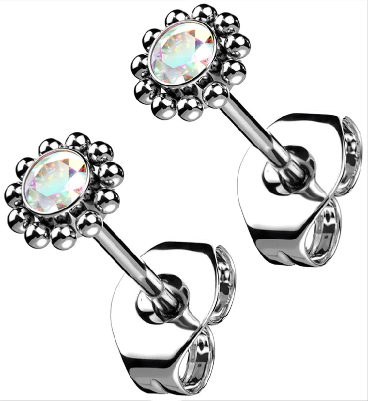 Hoop earrings with a matte black finish for a sleek, edgy vibe-Beaded Rainbow Aurora CZ Titanium Threadless Earrings