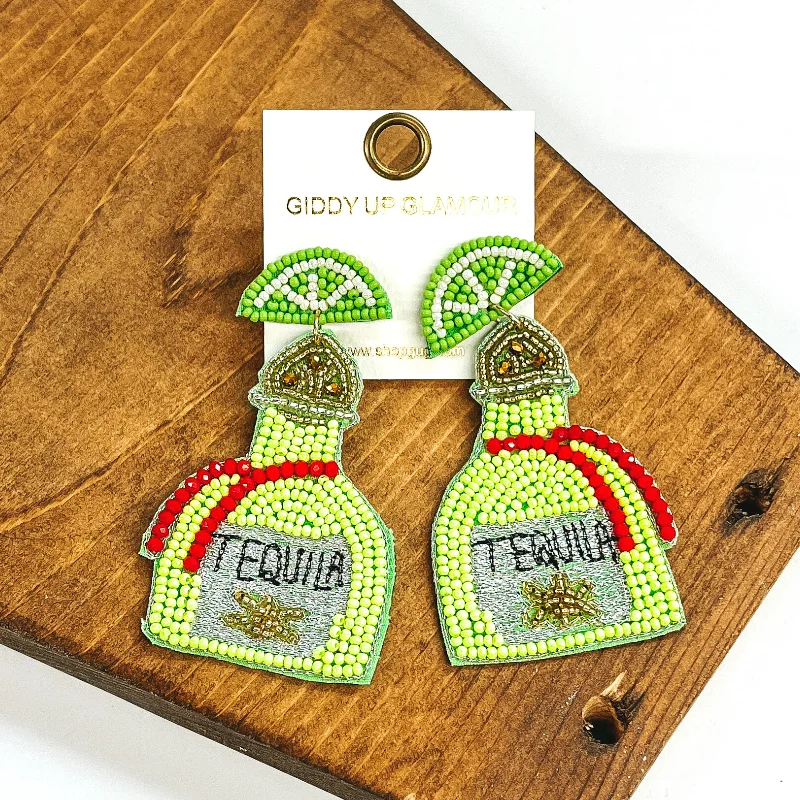 Hoop earrings with crescent moon shapes for a celestial and mystical appearance-Beaded Tequila Bottle with Lime Studs in Lime Green