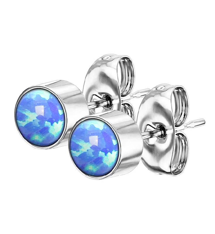 Hoop earrings with leather accents for a sleek and bold combination-Bezel Blue Opalite Stainless Steel Earrings