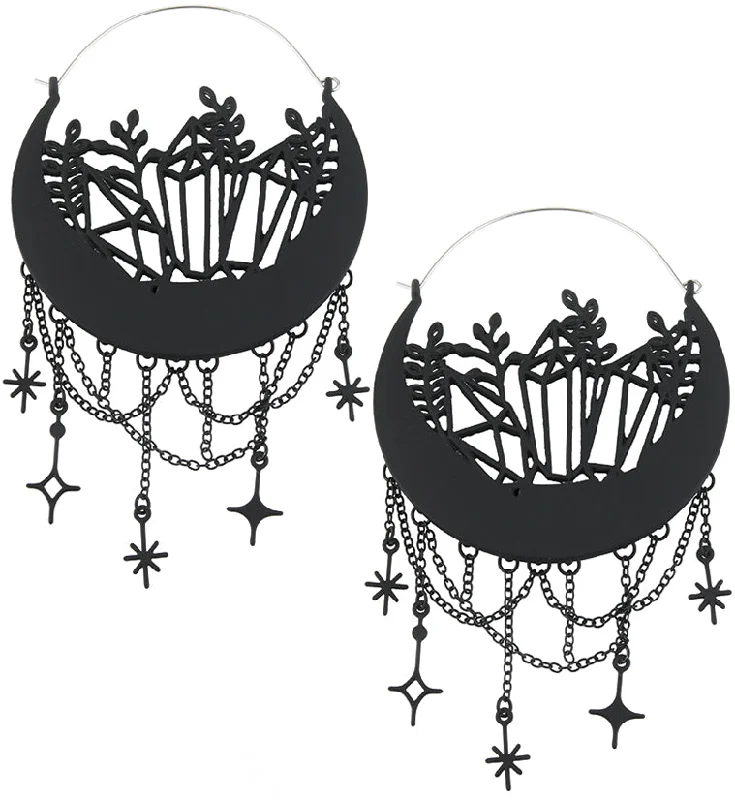 Stylish hoop earrings with diamond accents for an elegant and sparkling effect-Black PVD Crescent Plant Crystals Dangle Star Stainless Steel Plug Hoops