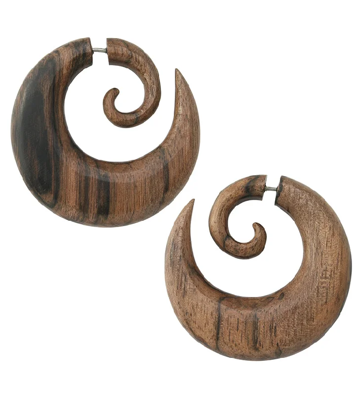 Hoop earrings with oversized designs for a bold, fashion-forward statement-Broad Areng Wood Fake Gauge Spiral Earrings