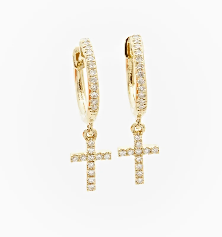 Hoop earrings with diamond-cut surfaces for added sparkle and shine-Cross Diamond Huggie Hoop Earrings