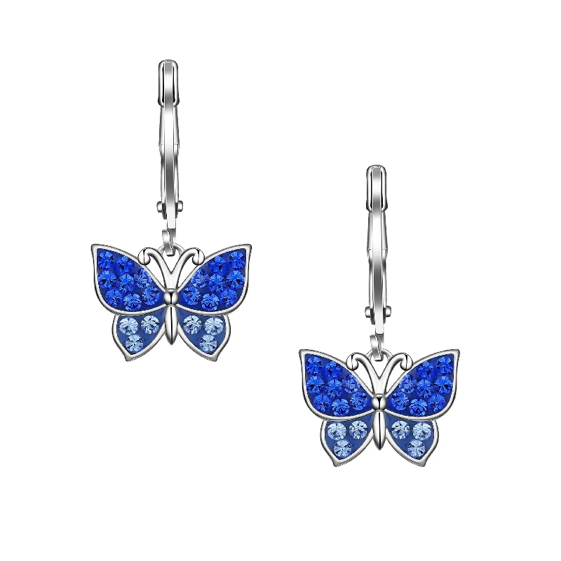 Hoop earrings with resin accents for a bold and colorful design-Crystal Butterfly Leverback Dangle Earrings - Blue