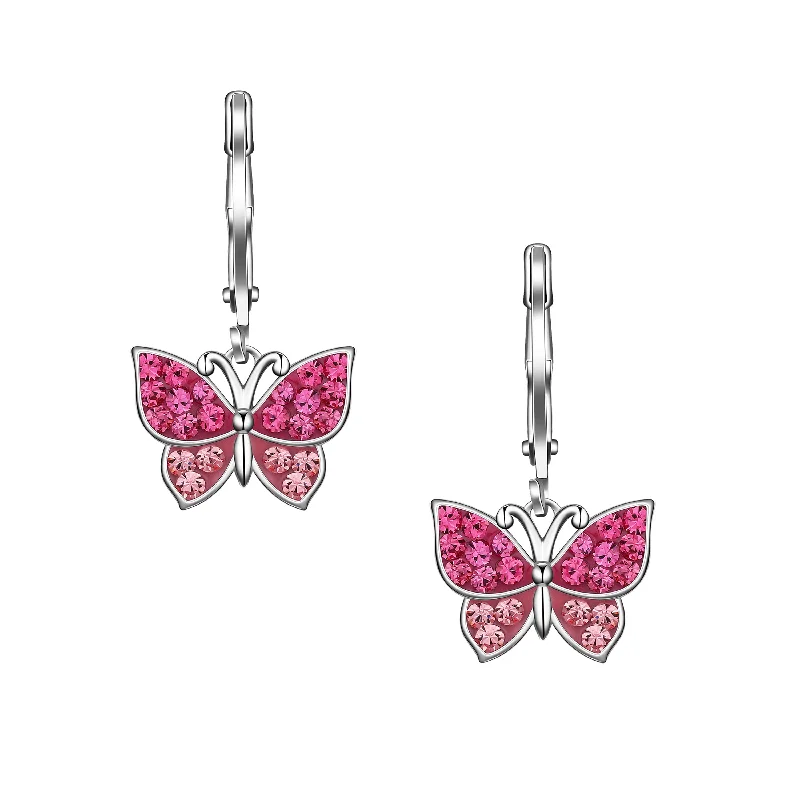 Best hoop earrings with detachable studs for a versatile and adjustable accessory-Crystal Butterfly Leverback Dangle Earrings - Pink