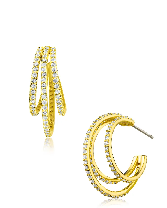 Best hoop earrings with floral designs for a feminine and delicate look-Cubic Zirconia & Gold Plated Triple Hoop Earrings