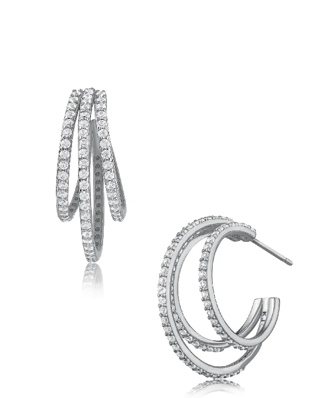 Best hoop earrings with gemstone accents for a colorful and elegant appearance-Cubic Zirconia & Rhodium Triple Hoop Earrings