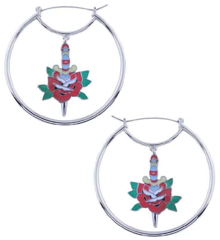 Hoop earrings with polished silver finish for a shiny, modern appeal-Dagger Red Rose Stainless Steel Plug Hoops