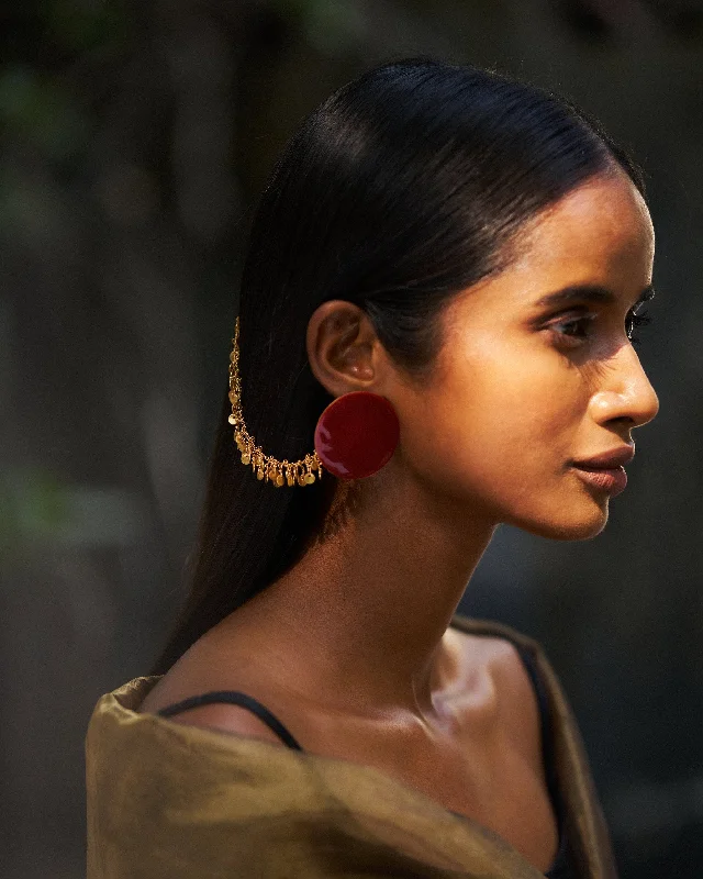 Best hoop earrings with geometric shapes for a modern and artistic appeal-Dot Earrings & Jhilmil Ear Chain - Red & Gold