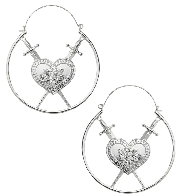 Hoop earrings with open designs for a modern, lighthearted vibe-Double Dagger Heart Plug Hoops