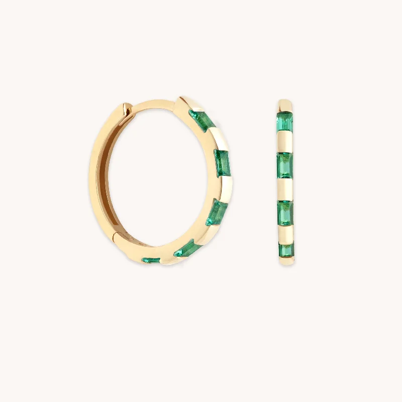 Hoop earrings with enamel stripes for a colorful and eye-catching design-Emerald Baguette Hoops in Solid Gold