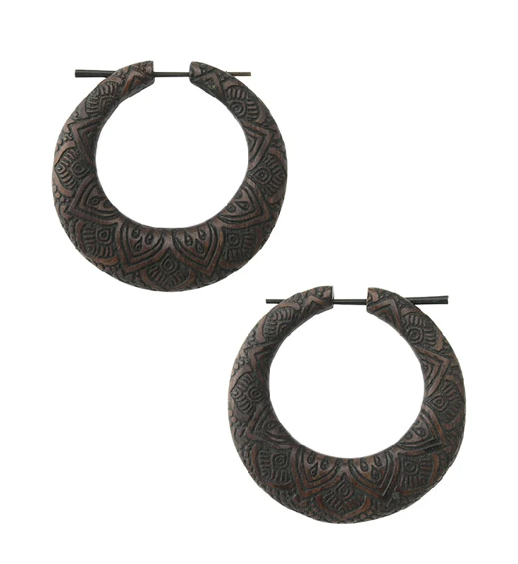 Hoop earrings with abstract shapes for an artistic and creative touch-Engraved Flower Narra Wood Hoop Earrings