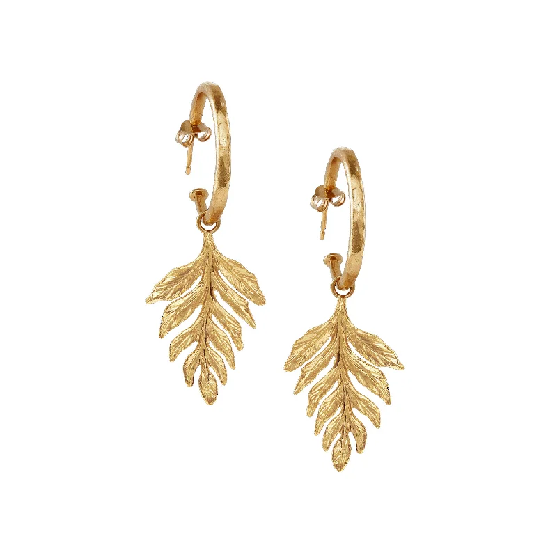 Best hoop earrings with hammered gold for a rustic yet elegant look-Gold Fern Drop Hammered Hoop Earrings