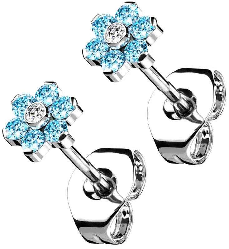 Hoop earrings with faceted crystals for added sparkle and shine-Flower Aqua CZ Titanium Threadless Earrings