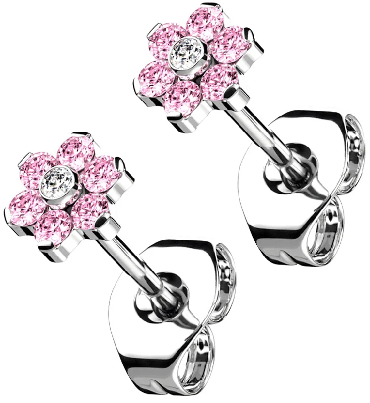 Hoop earrings with artistic filigree designs for an intricate, delicate finish-Flower Pink CZ Titanium Threadless Earrings