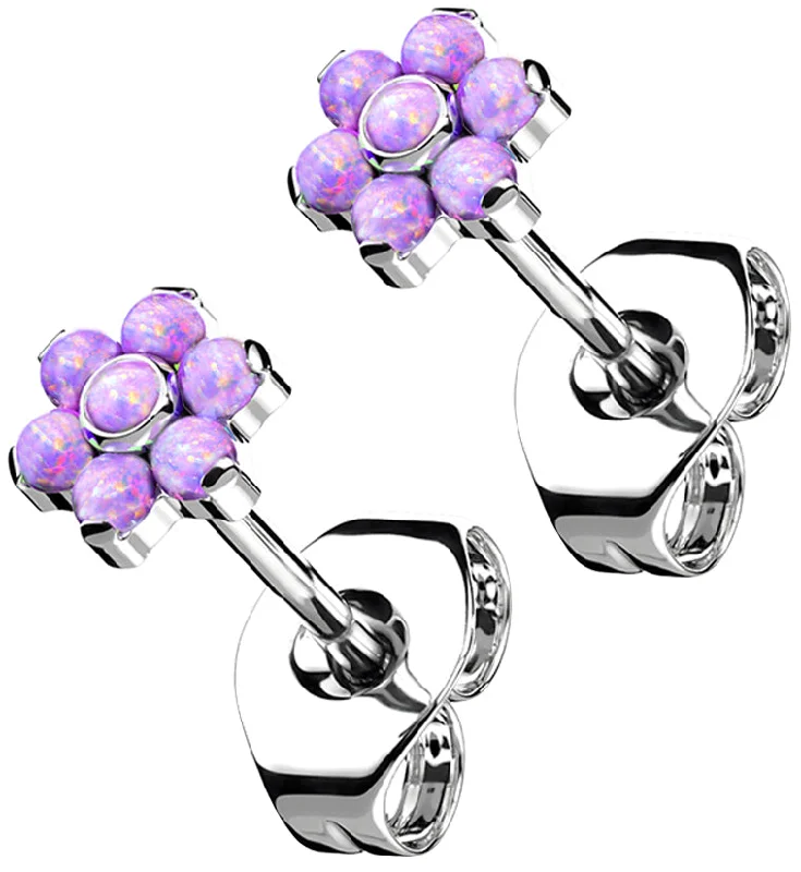 Hoop earrings with pearl accents for a chic and classic style-Flower Purple Opalite Titanium Threadless Earrings