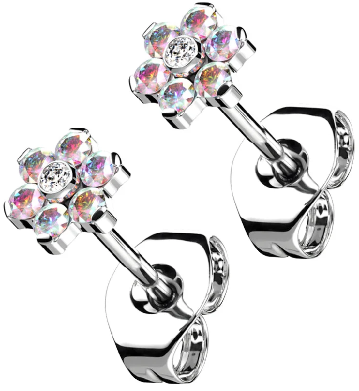 Hoop earrings with heart-shaped frames for a romantic and feminine look-Flower Rainbow Aurora CZ Titanium Threadless Earrings