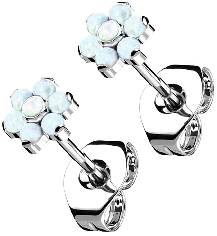 Best hoop earrings with delicate chain details for a trendy and stylish design-Flower White Opalite Titanium Threadless Earrings