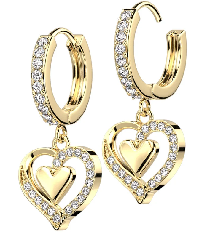 Hoop earrings with textured finishes for a vintage and classic style-Gold PVD Double Heart CZ Stainless Steel Hoop Earrings