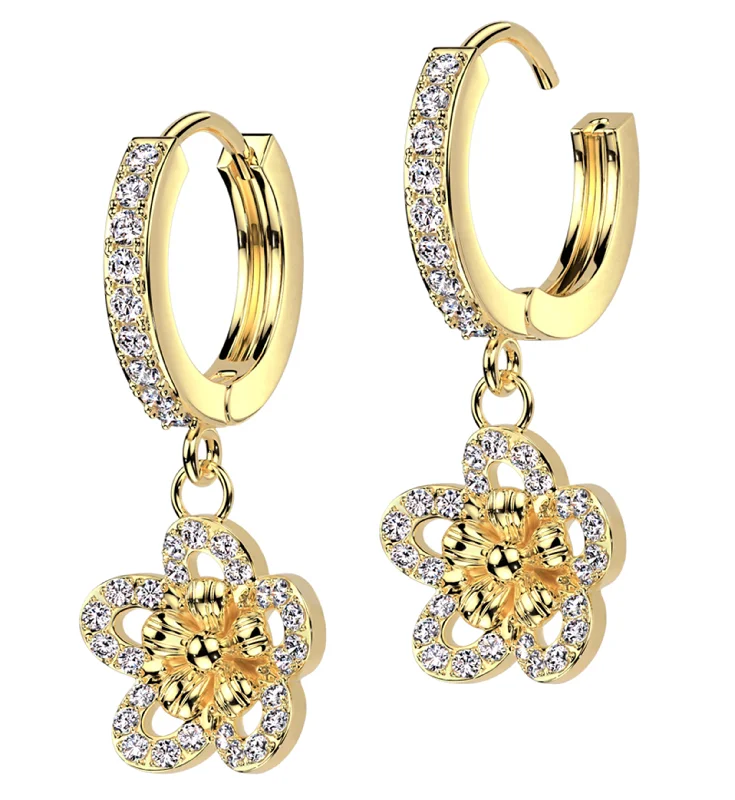 Hoop earrings with cut-out designs for a creative and lightweight effect-Gold PVD Flower CZ Stainless Steel Hoop Earrings