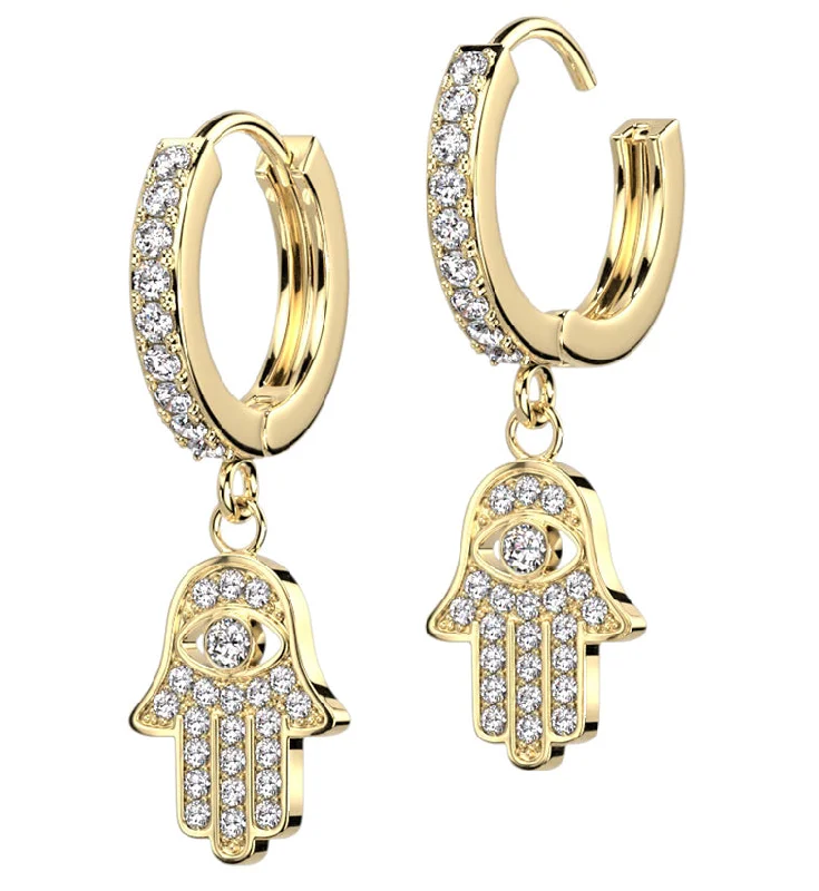 Best hoop earrings with crescent-shaped designs for a bold, moon-inspired style-Gold PVD Hamsa Hand CZ Stainless Steel Hoop Earrings