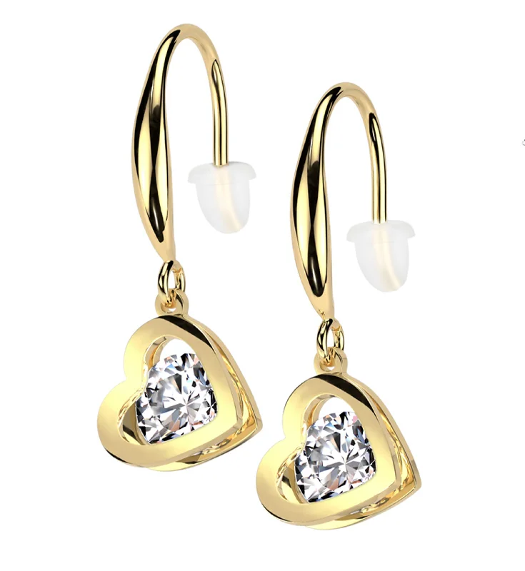 Hoop earrings with a chunky design for a bold and trendy statement-Gold PVD Heart Clear CZ Dangle Stainless Steel Earrings