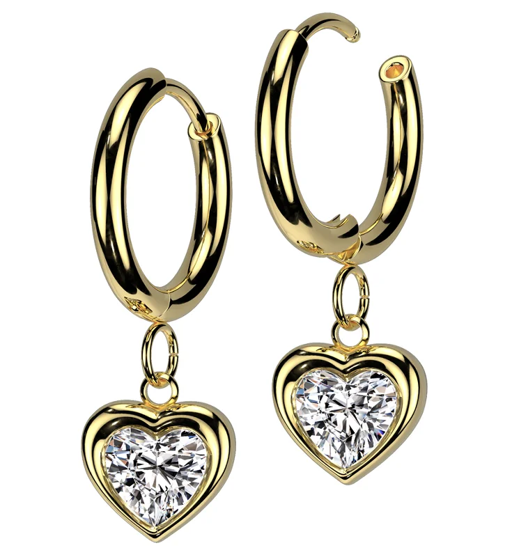 Best hoop earrings with crescent-shaped designs for a bold, moon-inspired style-Gold PVD Heart Clear CZ Dangle Stainless Steel Hinged Earrings