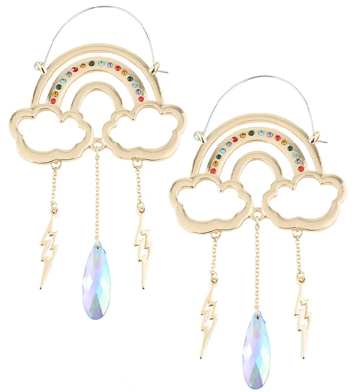 Best hoop earrings with floral designs for a feminine and delicate look-Gold PVD Rainbow Dangle Bolt Rainbow Crystal Stainless Steel Plug Hoops