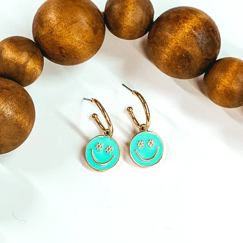 Best hoop earrings with intricate beaded details for a textured, stylish appearance-Gold Tone Hoop Earrings with a Happy Face Circle Pendant in Aqua