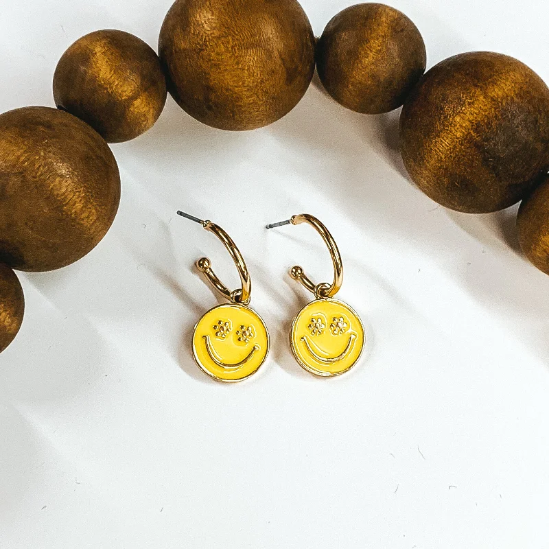 Classic hoop earrings with a thin profile for a sleek and subtle style-Gold Tone Hoop Earrings with a Happy Face Circle Pendant in Yellow