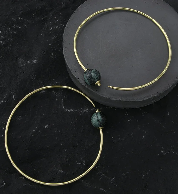 Hoop earrings with crescent moon shapes for a celestial and mystical appearance-Green Jasper Stone Orb Brass Hangers / Plug Hoops