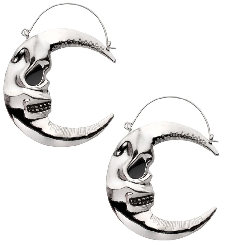 Hoop earrings with abstract wirework for an artistic, unique look-Crescent Moon Skull Stainless Steel Plug Hoops