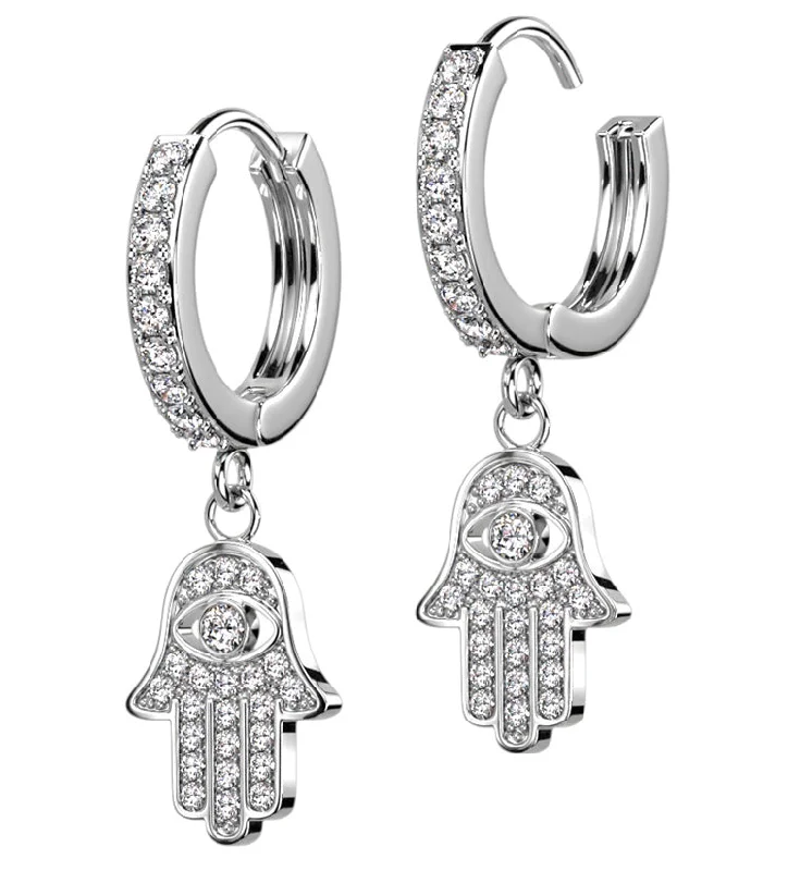 Best hoop earrings with enamel details for a colorful and modern look-Hamsa Hand CZ Stainless Steel Hoop Earrings