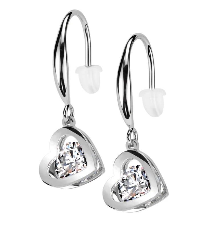 Best hoop earrings with floral designs for a feminine and delicate look-Heart Clear CZ Dangle Stainless Steel Earrings