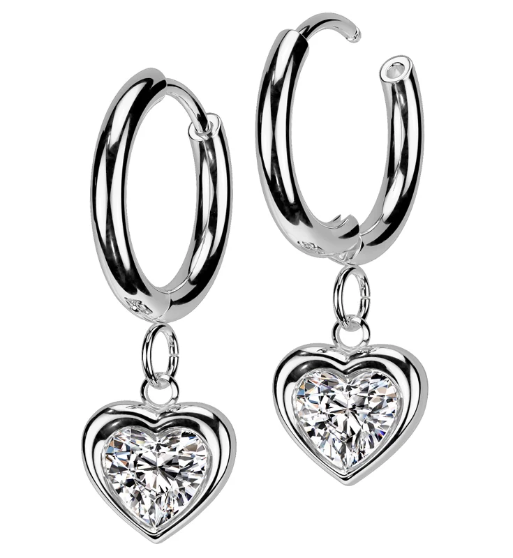 Best hoop earrings with enamel details for a colorful and modern look-Heart Clear CZ Dangle Stainless Steel Hinged Earrings