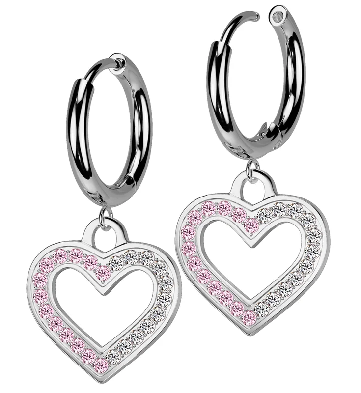 Hoop earrings with polished silver finish for a shiny, modern appeal-Heart Cutout Clear And Pink CZ Stainless Steel Hinged Earrings