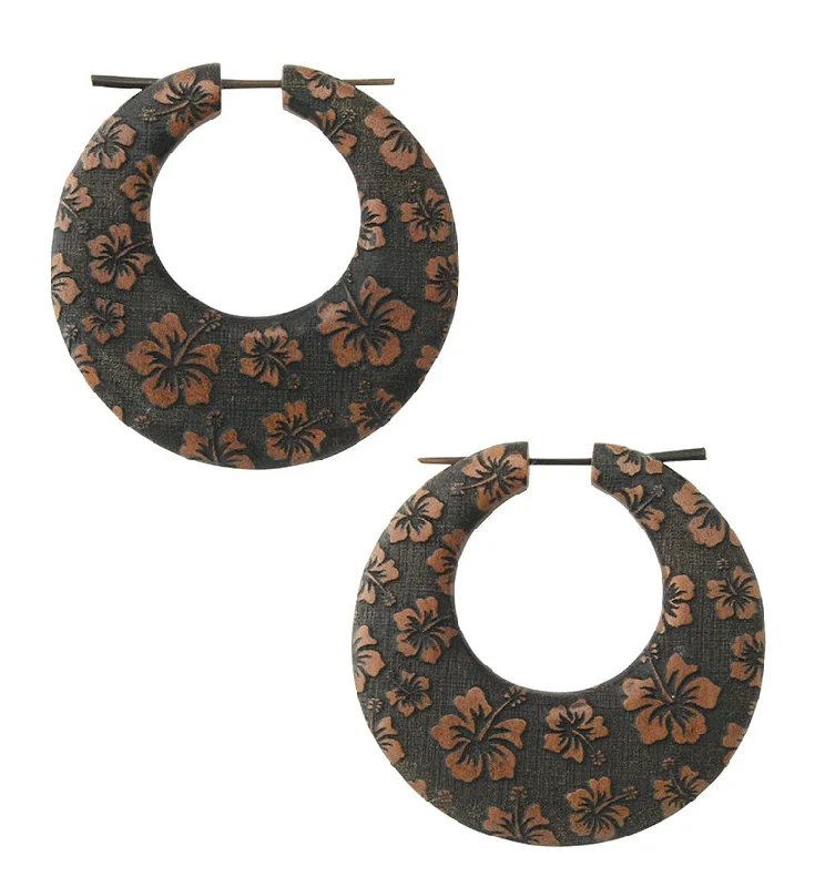 Best hoop earrings with blackened metal for an edgy and bold appearance-Hibiscus Flower Saba Wood Hoop Earrings