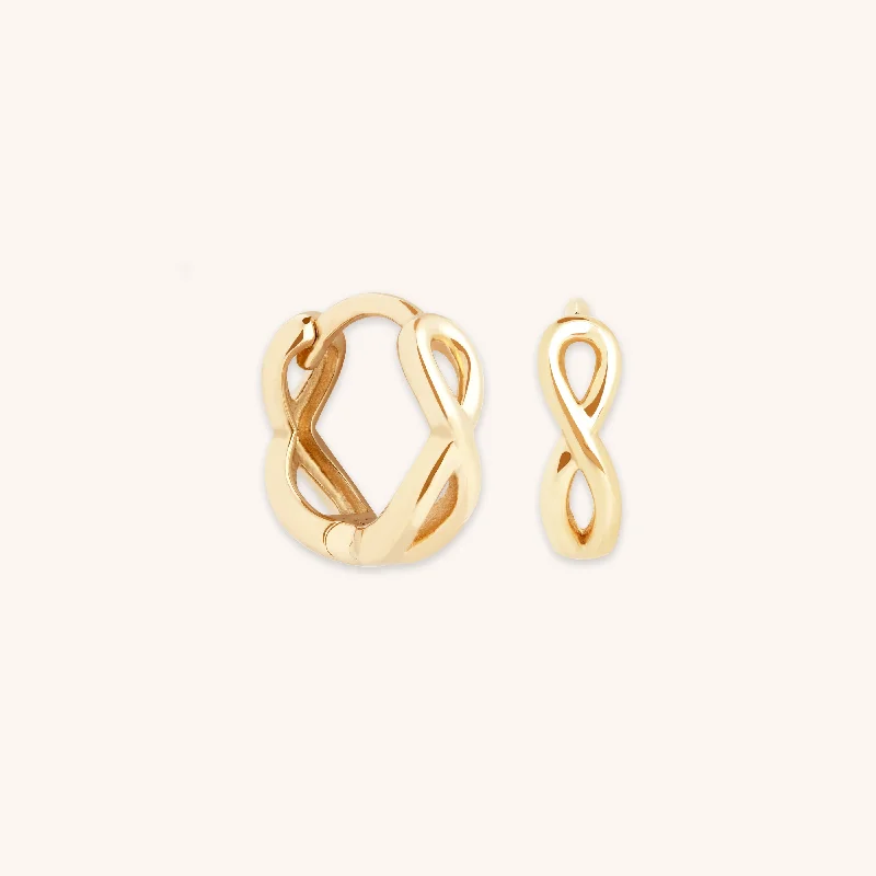 Hoop earrings with artistic filigree designs for an intricate, delicate finish-Infinite Huggies in Solid Gold