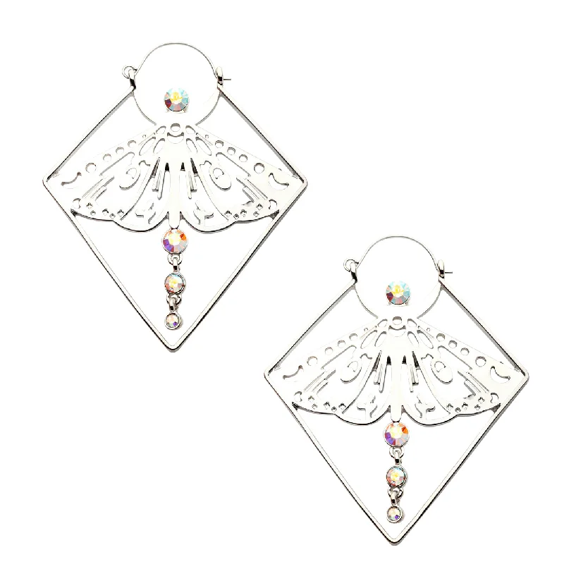 Stylish hoop earrings with diamond accents for an elegant and sparkling effect-Luna Moth Dangle Rainbow Aurora CZ Stainless Steel Plug Hoops