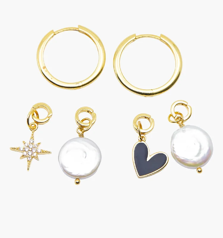 Hoop earrings with oversized designs for a bold, fashion-forward statement-Midi Hoops & Charms Set - Black