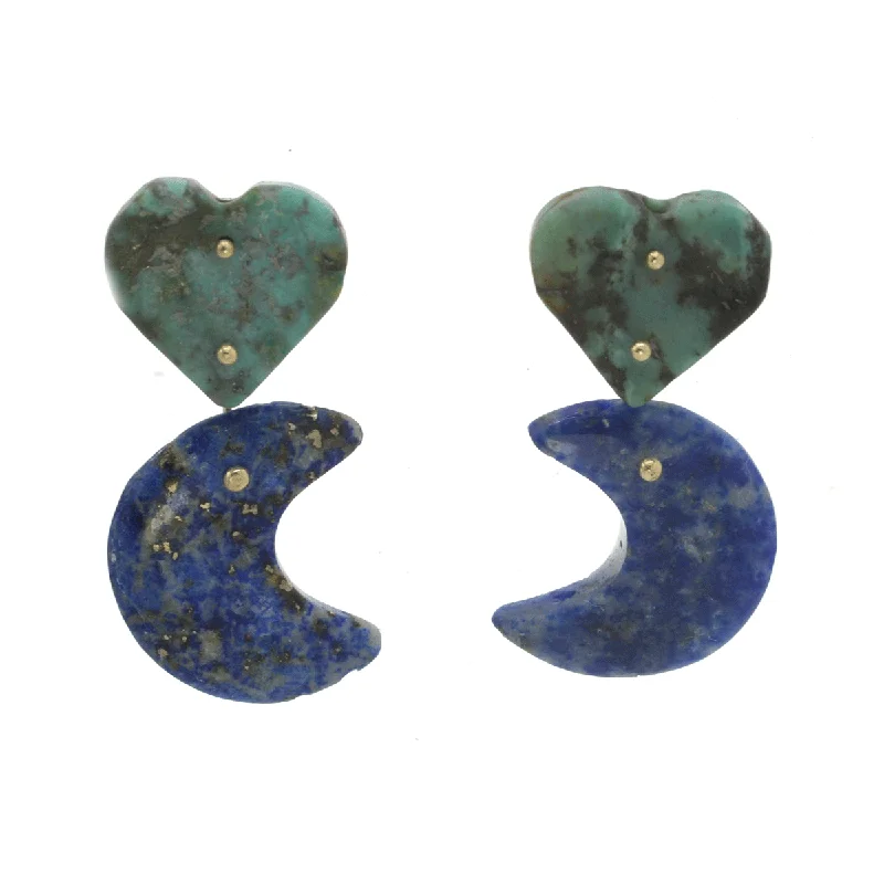 Best hoop earrings with satin ribbons for a soft, feminine appearance-Mobile Earrings African Jasper Heart and Lapis Moons