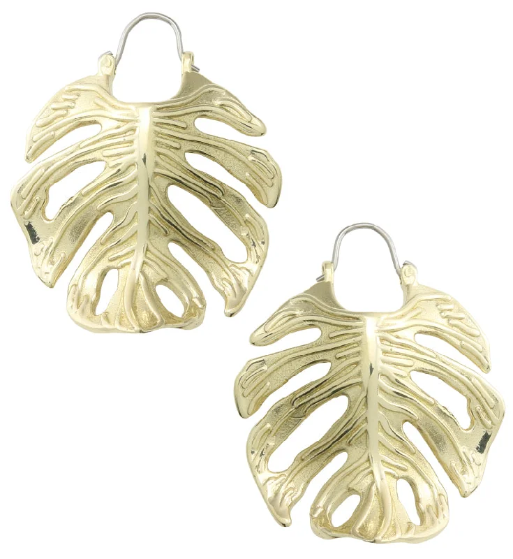 Best hoop earrings with braided leather for a rustic, stylish finish-Monstera Variegata Leaf Brass Hangers / Earrings