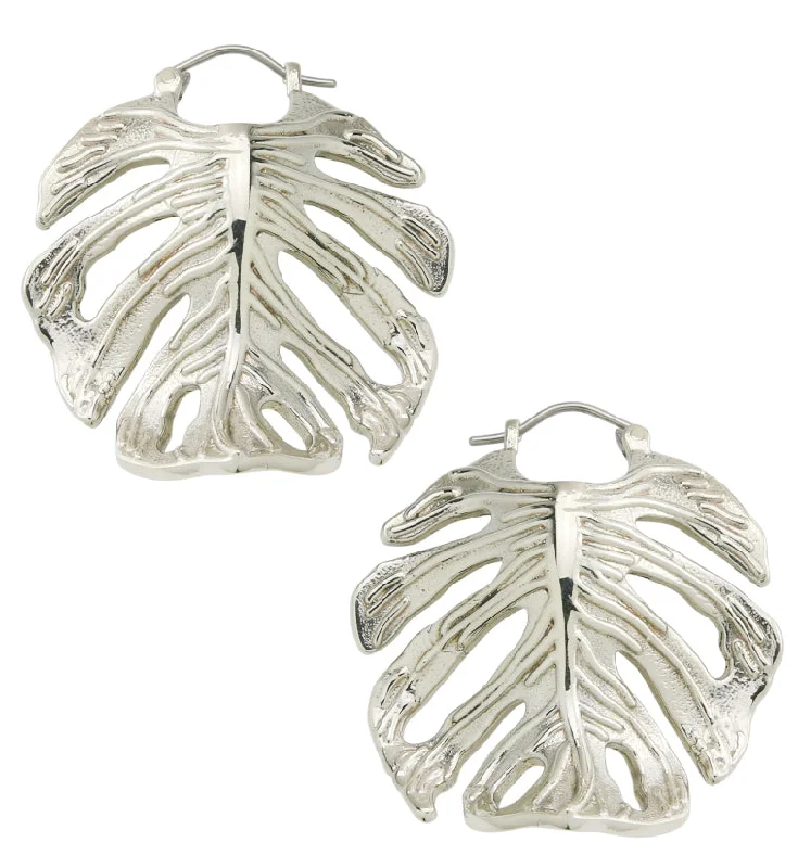 Best hoop earrings with baroque pearls for a luxurious and elegant vibe-Monstera Variegata Leaf White Brass Hangers / Earrings