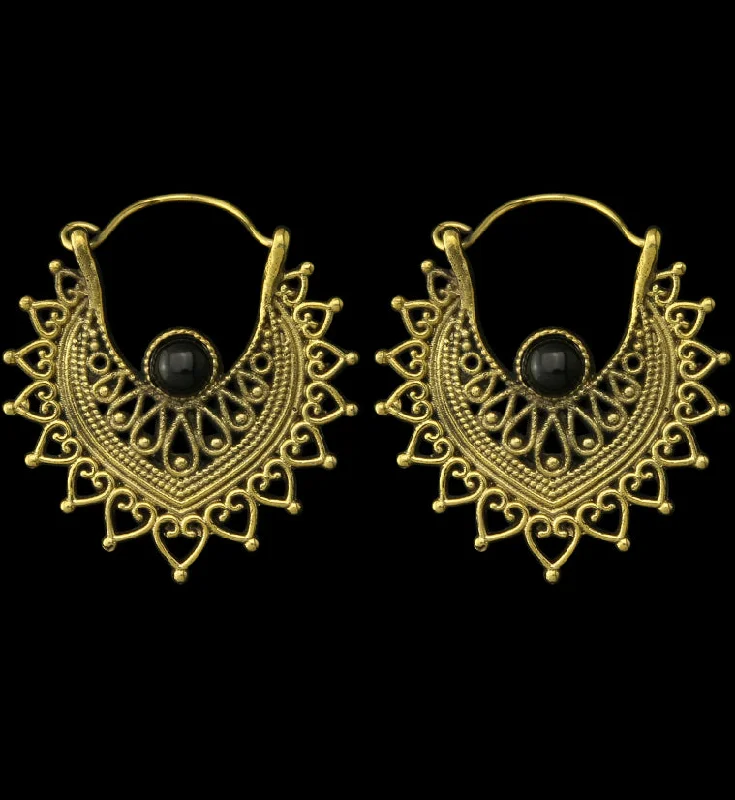 Hoop earrings with cut-out designs for a creative and lightweight effect-Noble Onyx Stone Inlay Brass Hangers / Earrings