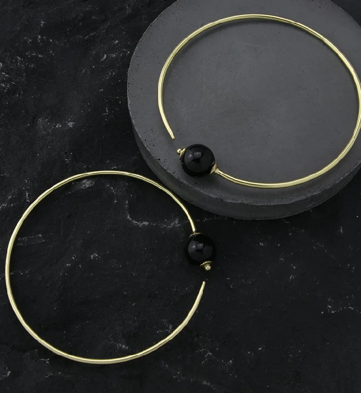 Best hoop earrings with matte finish for a sophisticated, understated design-Onyx Stone Orb Brass Hangers / Plug Hoops