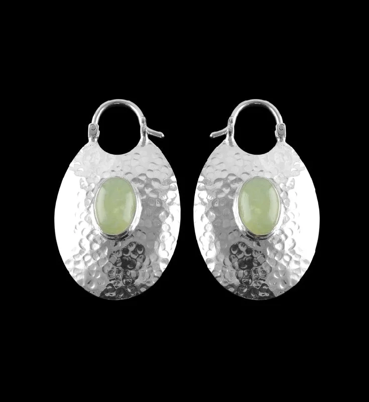 Hoop earrings with stacked layers for a bold and textured design-Oviform Hammered Silver Prehnite Stone Hangers - Earrings