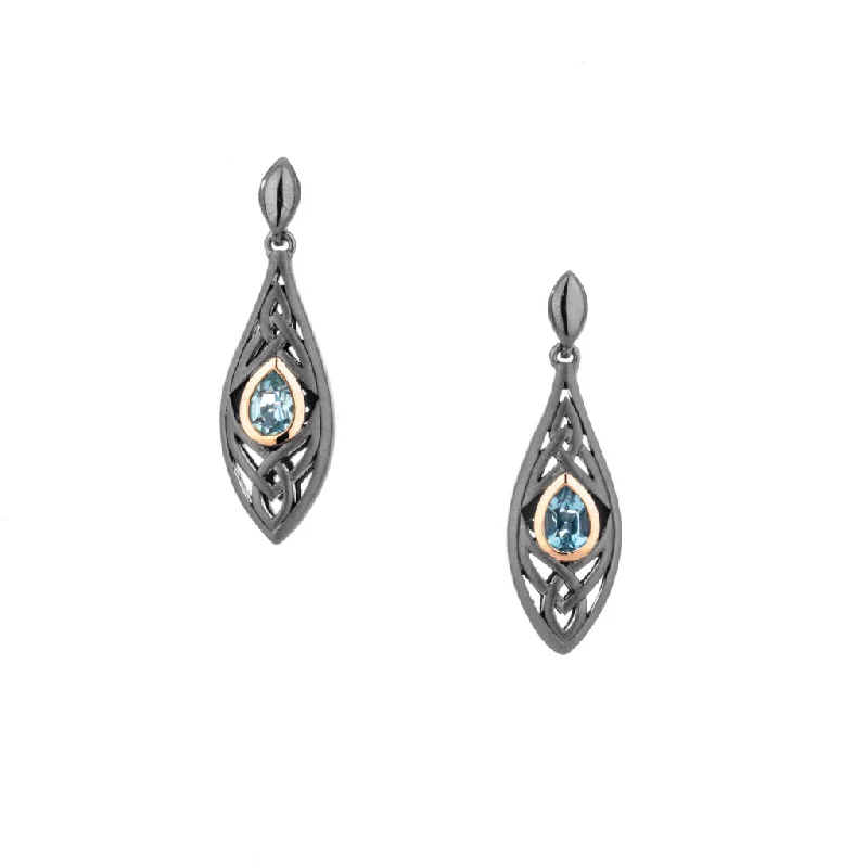 Classic hoop earrings with a thin profile for a sleek and subtle style-Darkened Silver and 10k Rose Gold Trinity Knot Earrings-Blue Topaz