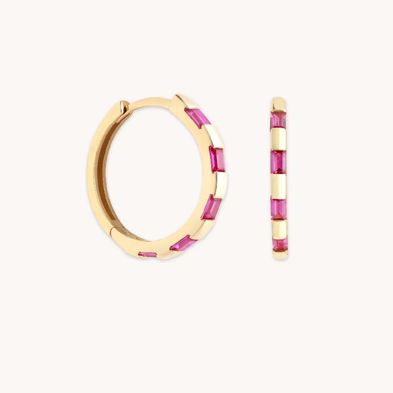 Hoop earrings with leather accents for a sleek and bold combination-Pink Sapphire Baguette Hoops in Solid Gold