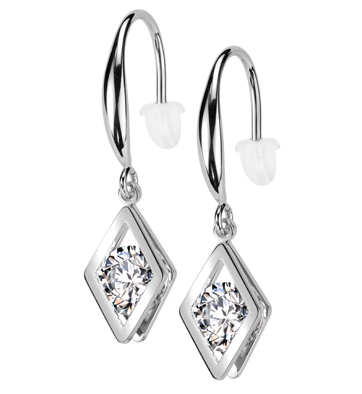 Best hoop earrings with hammered gold for a rustic yet elegant look-Rhombus Clear CZ Dangle Stainless Steel Earrings